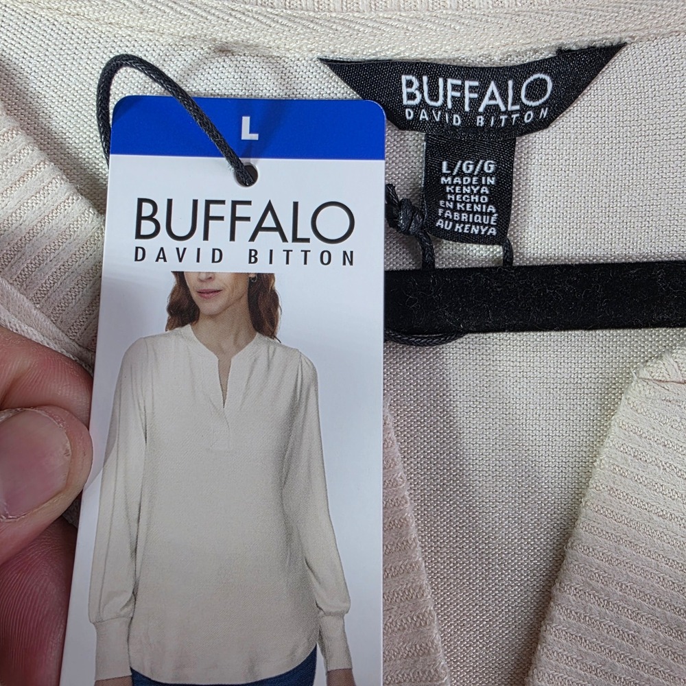 Buffalo David Bitton Cream Split Neck Puff Sleeve Knit Top Large NEW - Picture 8 of 12
